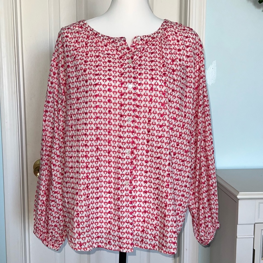 Velvet by Graham & Spencer Pink & Blue Patterned Blouse with Pink Embroidery XL